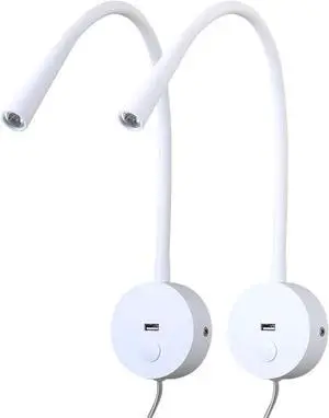Wall Mounted Reading Lamp USB Charger Matt White LED 3W Warm White 3000K Plug for Reading (White USB Charger Dimmer 2pcs)