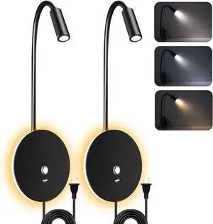 Wall Mounted Reading Light for Bed - Plug in Wall Reading Light with 3 Colors/Touch Dimming/USB Output, Flexible Gooceneck Bedside Wall Lamps for Living Room Bedroom RVs Campers Boats, 2 Pack
