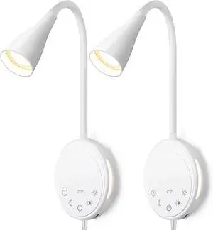 LED Wall Mount Reading Light, Bedside Reading Lights with Touch Control, 5 Dimmable, USB Output, Night Light & Timers, Flexible Gooseneck Headboard Bed Lights Wall Sconce (White-2P)