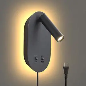 Wall Lamp Plug in Hardwired 2 in 1 Wall Sconces, Wall Mounted Reading Light with USB Type C Ports, Adjustable Bedside Headboard Spotlight, Bedside Lamp with 9W+3W Night Light 3000K (Black)