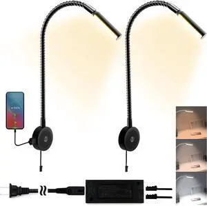 Books Lights for Headboard, Bedside Wall Mounted Reading Lamp, Reading Light Touch to Adjust Color Temp (3000K/4000K/6000K) and Brightness, USB/Type-C Charging Ports, 20W Driver, ETL-Listed