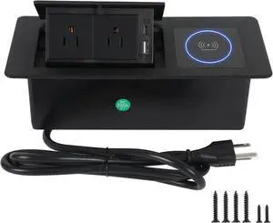 Table Pop Up Outlet Automatic Pop Up Strip Center Countertop Recessed Power Strip with 15W Wireless Charger + USB A + USB C + 2AC 5.9Ft Cord for Conference Desk Office Kitchen (Black-Wireless)
