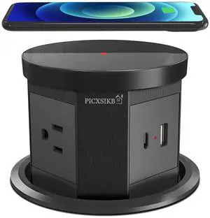Pop Up Outlet with 15W Wireless Charger, 4.33 inch Pop Up Outlet for Countertop, 3 AC Plug 1 USB-A 1 USB-C Hidden Outlet Pop Up Electrical Outlet for for Kitchen/Home/Office