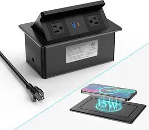 Pop Up Outlet for Countertop with 20W USB C, Pop up Power Outlet with 15W Wireless Charging, 2 AC Outlets and 18W USB A Ports, Recessed Power Strip with 6FT Cords for Office, Conference, Bedroom,Black