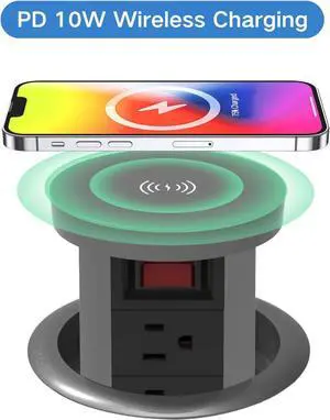 Pop up Outlet for countertop 4.72in Desk Grommet Power Station PD20W USB C 4 Outlets 3 USB Ports 1 Wireless charger 15A Outlets Fast charging Space Saver Outlet for Kitchen Office 6ft Cord