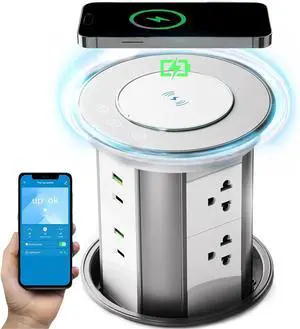 Pop up Outlet for Countertop with Mobile APP Remote Control,Pop Up Outlet with 15W Wireless Charger,Max 20W Power Delivery,Pop Up Electrical Outlet with 6 Outlets 4 USB Ports for Home Office