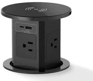 Aluminum Pop Up Outlet with 15W Wireless Charger, 4 AC Outlets & 2 PD 20W USB Fast Charging, 3.93" Desk Wire Hole Insert, Pop Up Countertop Outlet for Home Office Kitchen(Black)