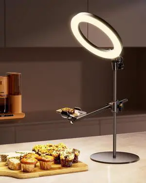 Ring Light Overhead Camera Mount for Desk,  10.5" Ring Light with Stand for iPhone, Adjustable Overhead Tripod with Shooting Arm & Phone Holder for Video Recording, Content Creation, Cooking