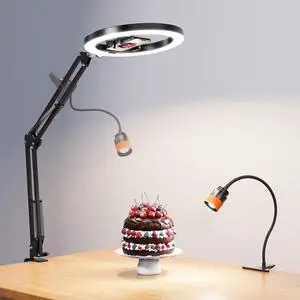 Ring Light with Stand Overhead Phone Mount for Desk & Zoomable Spotlight, 2-in-1 Lighting Kit with Ring Light Tripod for iPhone, 30+ Lighting Modes, Ideal for Video Recording,Cooking,Content Creation