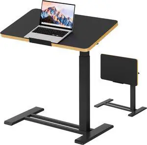 Medical Adjustable Overbed Bedside Table with Casters 90° Tilt Top Pneumatic Mobile Rolling Laptop Computer Standing Desk Cart with Tray, Hospital and Home Use(27.6" W x 15.7" D, Black)