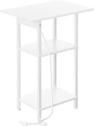 Tall Side Table with Charging Station, Skinny End Table Nightstand with USB Ports and Outlets, 3 Tier Narrow Side Table with Storage for Bedroom, Living Room, Office, Nursery, White