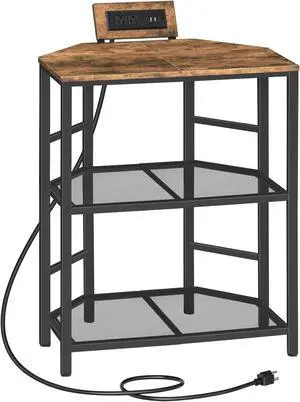 Corner Printer Stand with Charging Station, 3-Tier Large Printer Table with Adjustable Feet, Metal Frame Storage Shelf for Office, Living Room, Small Space, Rustic Brown PTHR14E01