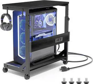 Height Adjustable Computer Tower Stand with Charge Station and USB Charging Port, 2-Tier ATX-Case Cart, Under Desk Mobile PC Stand, CPU Holder Cart with Locking Caster Wheels for Fits Most PC