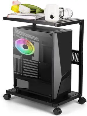 PC Tower Stand 2-Tier CPU Stand with Locking Caster Wheels for Office & Home - Iron-Black