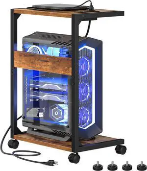Computer Tower Stand, PC Stand with Charging Station, 2-Tier PC Tower Stand with Locking Caster Wheels, CPU Stand Fits Most PCs, PC Stand for Floor, for Home Office Rustic Brown BF01UCJ01G1