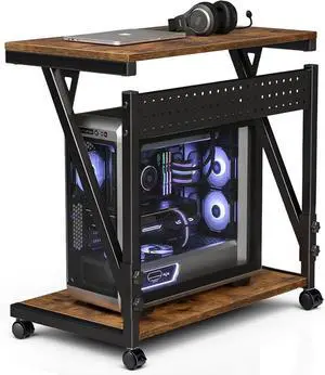 Computer Tower Cart, Height Adjustable PC Tower Stand, Mobile Rolling PC Cart, 2-Tier ATX-Case CPU Holder, PC Stand with Wheels, 23.23"-31.10" H, Rustic Standard