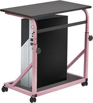 Computer Tower Stand, 2-Tier CPU Holder with Lockable Wheels, Adjustable Height PC Stand for Floor, Mobile PC Laptop Standing Table for Home Office (Black and Pink)