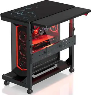 Height Adjustable Computer Tower Stand, 2-Tier PC Stand CPU Holder Under Desk Gaming Case Cart w/Rolling Wheels & Mouse Pad, Folding End Table Mobile Laptop Desk