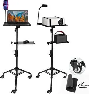 Projector Stand Tripod  24 to 59 Inch Adjustable Height  Dual Shelves Laptop Tripod Stand with Moveable Wheels and Phone Holder, Portable Laptop Stand for Office, Stage & Outdoor Use