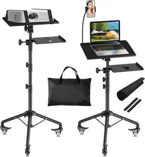 Projector Stand Tripod Laptop Tripod on Wheels with 2 Shelves, Adjustable Height 26 to 49 Inch Portable Podium Stand with Gooseneck Phone Holder for Office, School, Home, DJ Racks