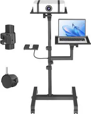 2 Shelves Mobile Projector Stand, Rolling Laptop Stand Adjustable Height to 47 Inches, Podium Stands with Ventilated Tray, Heavy Duty, Laptop Floor Stand for Office, Home, Stage, DJ