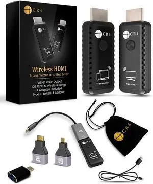 Wireless HDMI Transmitter & Receiver Extender | 4K In/1080P Out | Plug & Play 5G 100ft | Stream Video Audio from PC, Laptop, and USB-C Phones (iPhone 15 or Newer, Samsung S8+) to Monitor (Black)