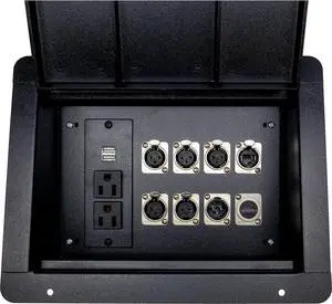 Pro Audio Recessed Stage Floor Box with Passthrough Connectors (with 110v, 5 Female 3 Pin XLR, 1 Male XLR, HDMI, Ethernet RJ45)