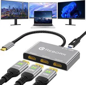 USB-C to 3 HDMI Adapter with 100W PD, 4K@60Hz USB Type-C to HDMI 1 in 3 Out Splitter for 3-Port USB-C Multi-Monitor Adapter, Compatible with PC/macOS/Linux and More