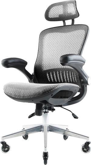 ErgoFlip Mesh Computer Chair - Grey Rolling Desk Chair with Retractable Armrest and Blade Wheels Ergonomic Office Chair, Desk Chairs, Executive Swivel Chair/High Spec Base