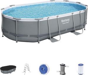 Power Steel 16' x 10' x 42" Rectangular Metal Frame Above Ground Swimming Pool Set with 1000 GPH Filter Pump, Ladder, and Pool Cover