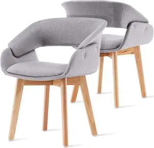 Modern Living Dining Room Accent Arm Chairs Set of 2 Linen Fabric Mid-Century Upholstered Side Seat Club Guest with Solid Wood Legs (Grey+Cushion)