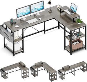 L Shaped Desk, 95" Reversible Corner Computer Desk with Shelves, Monitor Stand, Storage Bag, Hooks, 2 Person Long Desk for Home Office Writing Study Workstation (Grey)