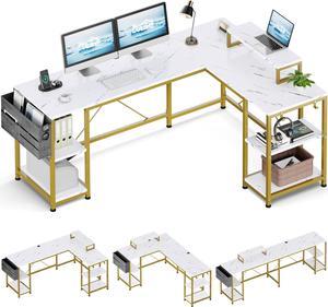 L Shaped Desk, 95" Reversible Corner Computer Desk with Shelves, Monitor Stand, Storage Bag, Hooks, 2 Person Long Desk for Home Office Writing Study Workstation (White Faux Marble)