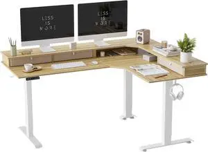 Triple Motor 63" L Shaped Standing Desk with 3 Drawers, Electric Standing Desk Adjustable Height, Corner Stand up Desk with Splice Board, White Frame/Natural Top