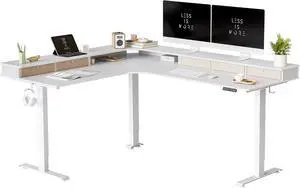 Triple Motor 75" L Shaped Standing Desk with 5 Drawers, Reversible Electric Standing Gaming Desk Adjustable Height, Corner Stand up Desk with Splice Board, White Frame/White Top