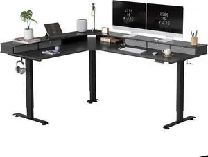Triple Motor 75" L Shaped Standing Desk with 5 Drawers, Reversible Electric Standing Gaming Desk Adjustable Height, Corner Stand up Desk with Splice Board, Black Frame/Black Top