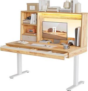 55 x 27.5 Inches Electric Standing Desk with Open Shelf&LED Strip, Adjustable Height Sit Stand Up Desks with 3 Drawers, Ergonomic Workstation,Light Rustic