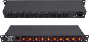 1U Rack Mount Power Strip with Surge Protector and 10 Outlets - Independent Switch Control, 1800 Joules