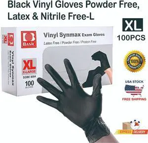 100 Black Vinyl Gloves , Latex & Nitrile Free-XL