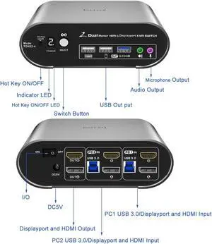 2 Computers 2 Monitors (HDMI + DP) KVM Switch, 4K@144Hz, 2K@240Hz, Hotkey Switching, Audio and Microphone Output, Aluminum Shell Digital Display, HDR10 with Cables