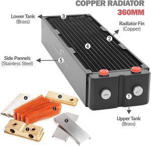 360mm - 64mm/2.52 inches Thick Computer Radiator, 12 Tubes Copper Water Cooling Cooler for CPU Heat Sink - Liquid Heat Exchanger Dual G1/4 Thread, Black