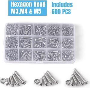 500pcs Stainless Steel Hex Socket Cap Head Bolts Screws Nuts M3 M4 M5 304 Kit