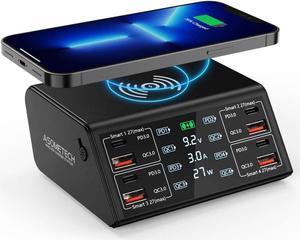USB Charger,  100W 8 Port Multiple USB Charging Station with 4 Quick Charge 3.0, 4 USB C PD Port, Wireless Charger, LCD Display Fast USB Charging Hub for iPhone 13 12 iPad Samsung and More