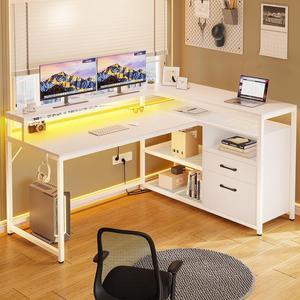 White Computer Desk with Drawers, 55" Home Office Desk with File Drawer and Storage Shelves, L Shaped Gaming Desk with LED Lights and Monitor Shelf