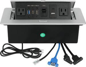 Table Pop up Power Strip Box Desktop Pop Up Outlet Recessed Multimedia Strip Socket Conference Table Power Hub Hidden Table Connection Box with Outlet Network HDMI for Office Desk (Sliver-D)