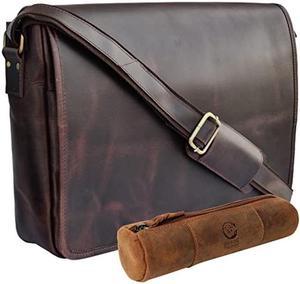 Rustic Town Leather Pencil Pouch - Zippered Pen Case for Work & Office (Brown)
