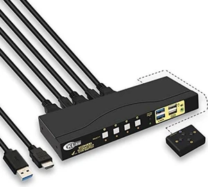 CKLau 4Kx2K@60Hz 4 Port USB 3.0 HDMI KVM Switch with Cables, 2 pcs USB 3.0 Hub and Audio Supports Wireless Keyboard Mouse CKLau 4Kx2K@60Hz 4 Port USB 3.0 HDMI KVM Switch with Cables, 2 pcs USB 3.0 Hub and Audio Supports Wireless Keyboard Mouse