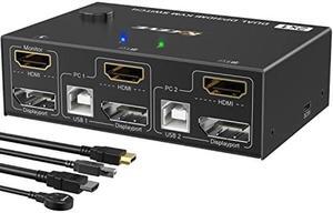Dual Monitor KVM Switch HDMI+Displayport 4K@60Hz,2K@120Hz MLEEDA HDMI DP Extended Display Switcher for 2 Computers Share 2 Monitors and 4 USB 2.0 Ports,Wired Remote and 4 Cables Included