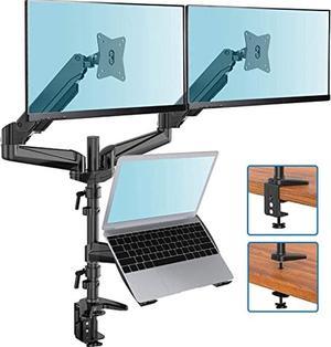 HUANUO Monitor and Laptop Mount Gas Spring Dual Monitor Stand with Laptop Tray Fit Two 13 to 27 Inch Flat Curved Computer Screens and 10 to 15 Inch Notebooks with C Clamp Grommet Mounting Base