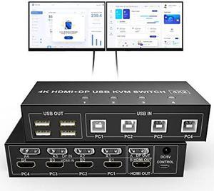 4 Port HDMI + Displayport Dual Monitor KVM Switch - 4K@60Hz Extended Display 2 Monitors 4 Computers KVM Switch HDMI + Displayport 4 in 2 Out Switcher Support HDMI 2.0 DP 1.2